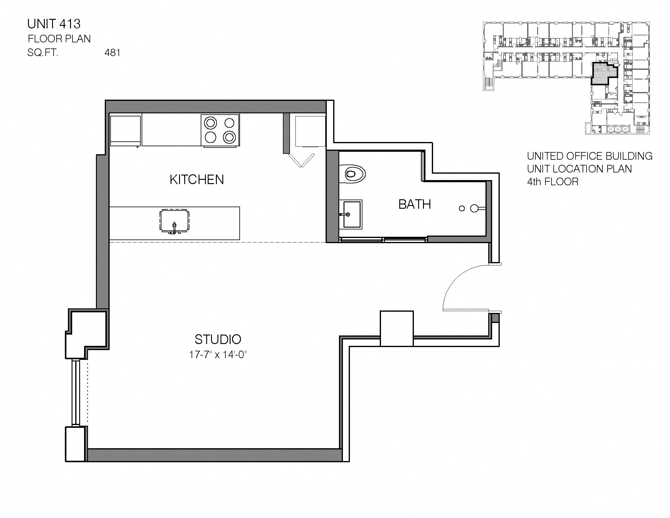 Floor plan for studio, 1 bath, 481 sqft